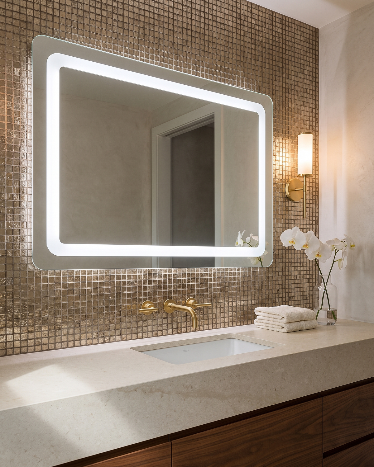 Claris BARDI LED mirror, bronze mosaic bathroom, Concept Studio