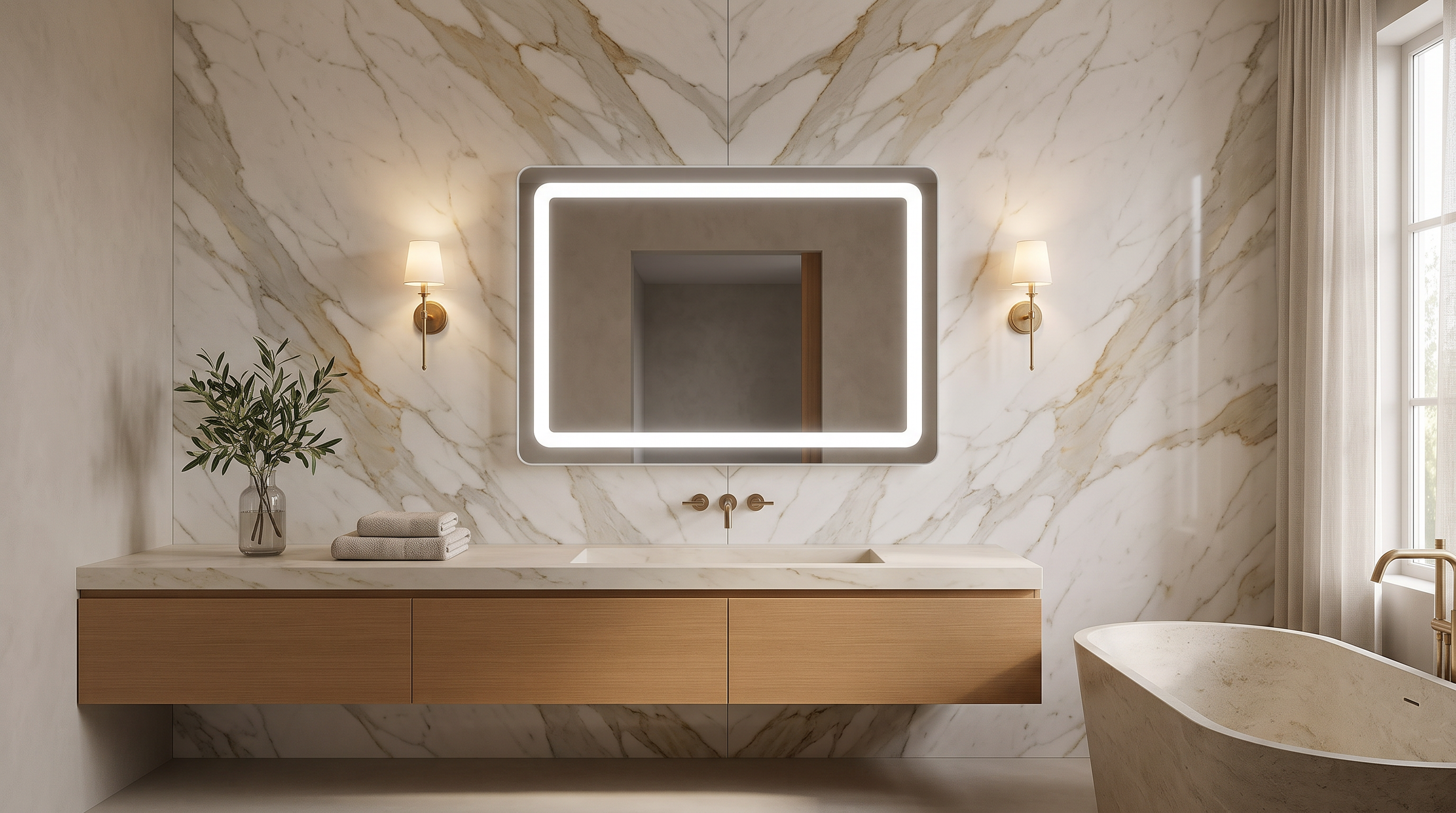 Claris BARDI front-lit LED mirror in a Calacatta Oro primary bathroom, wide room view, Concept Studio