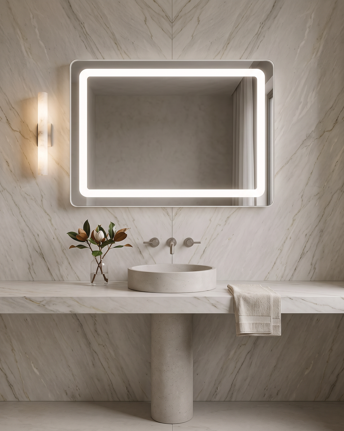 Claris BARDI LED mirror, pale quartzite ensuite, Concept Studio