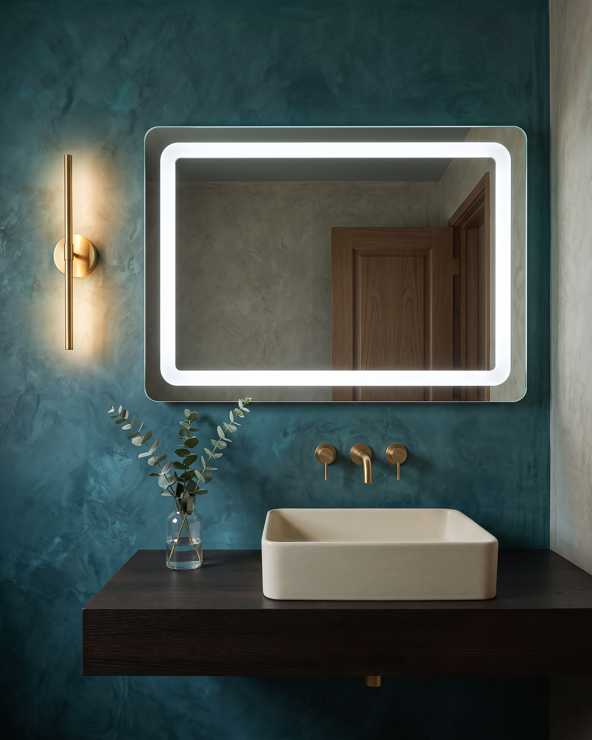 Claris BARDI LED mirror, teal patina plaster powder room, Concept Studio