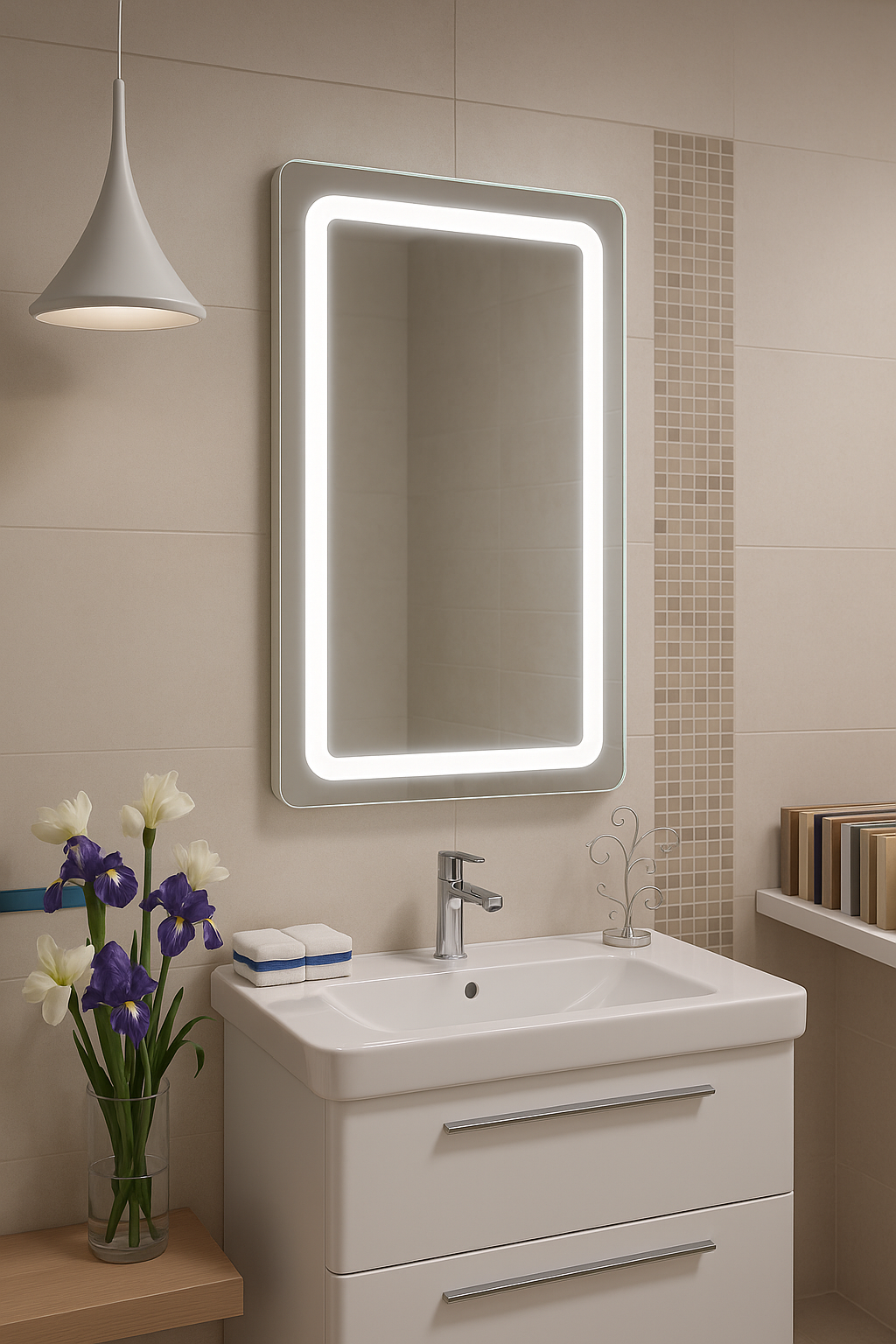 BARDI frosted-frame LED bathroom mirror with uniform light. Claris Company.