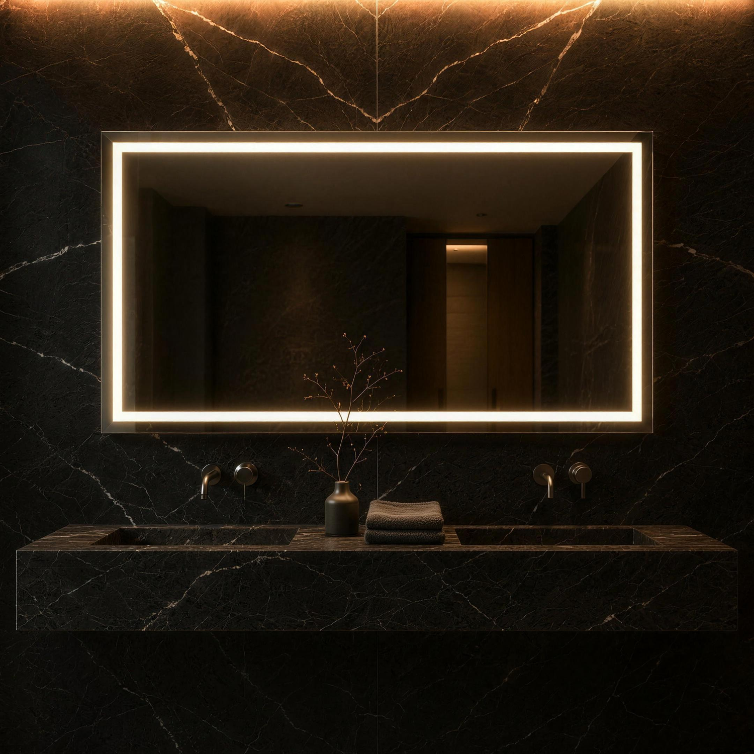 Claris BOCA LED mirror in a Nero Marquina bathroom, Radiance Collection