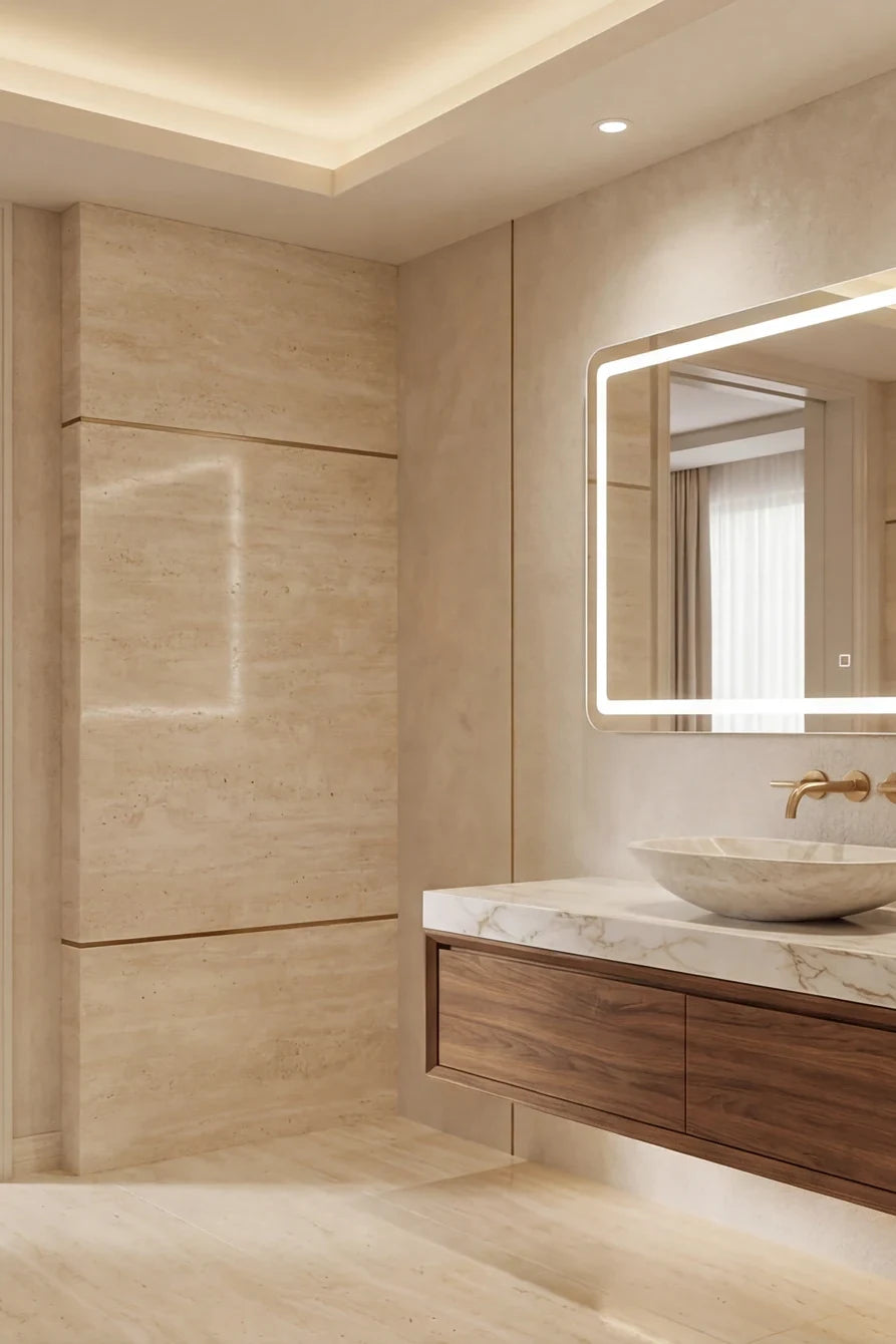 BOCA mirror in a bathroom, portrait view, Radiance Collection. Claris Company.