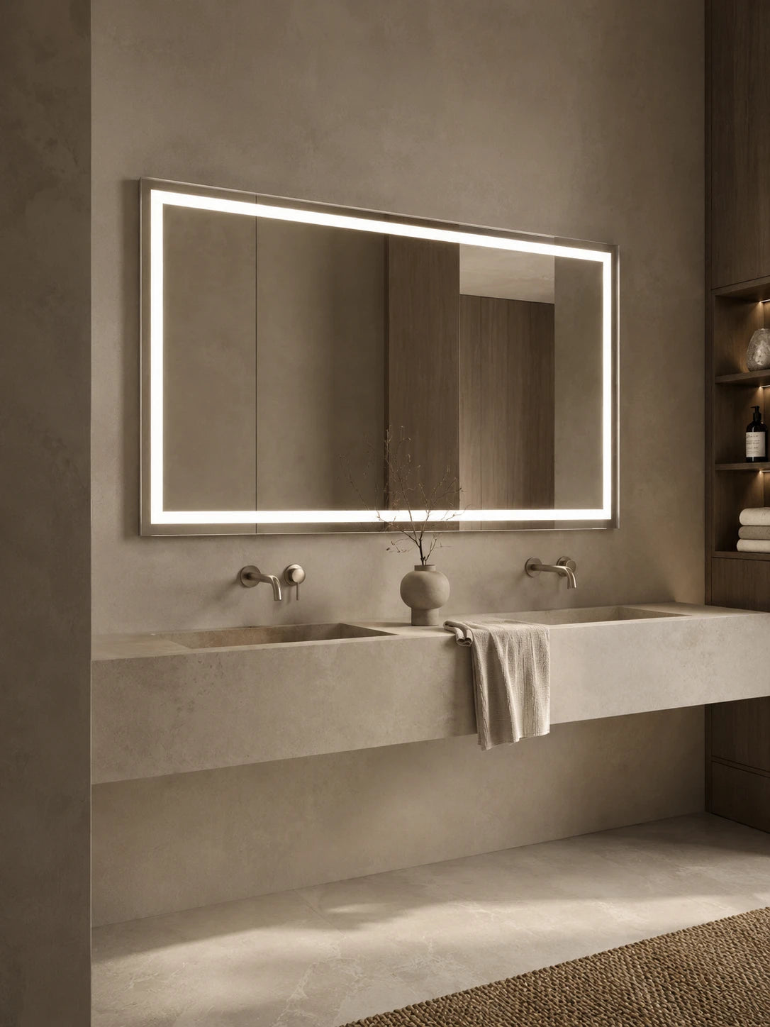 BOCA mirror in a bathroom, portrait view, Radiance Collection. Claris Company.