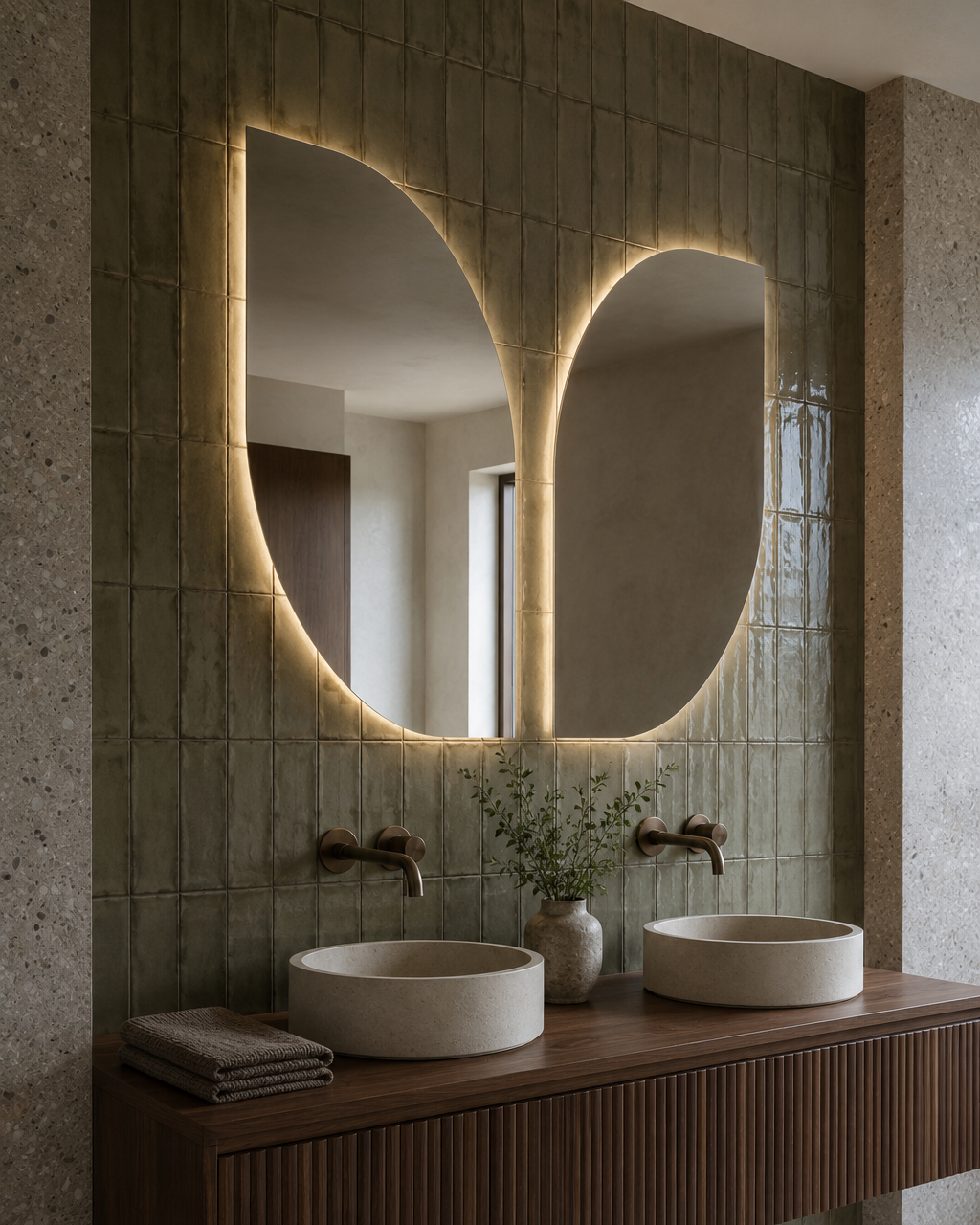 Claris BUTTERFLY LED mirror, olive zellige bath, morning, Terra Collection