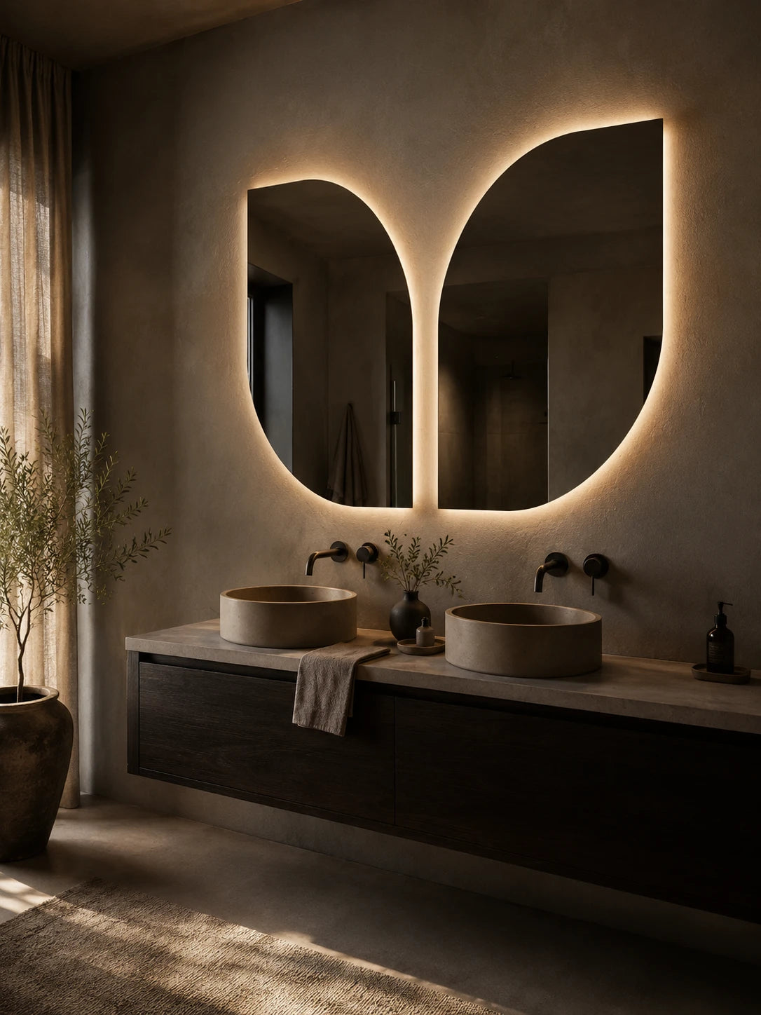 BUTTERFLY mirror in a bathroom, portrait view, Terra Collection. Claris Company.
