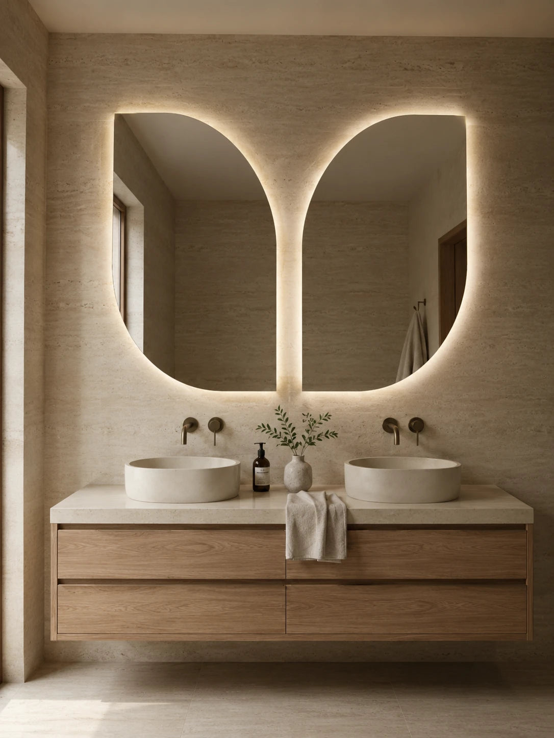 BUTTERFLY mirror in a bathroom, portrait view, Terra Collection. Claris Company.