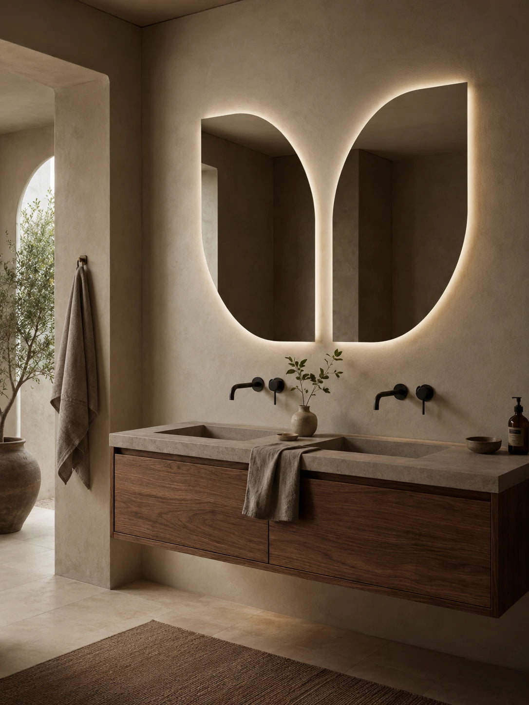 BUTTERFLY mirror in a bathroom, portrait view, Terra Collection. Claris Company.