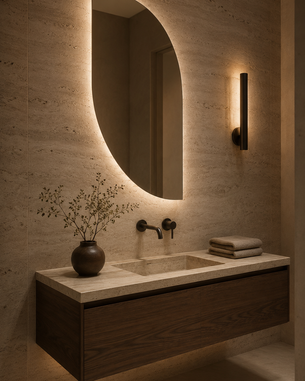 Claris BUTTERFLY LED mirror, bathroom scene, Terra Collection
