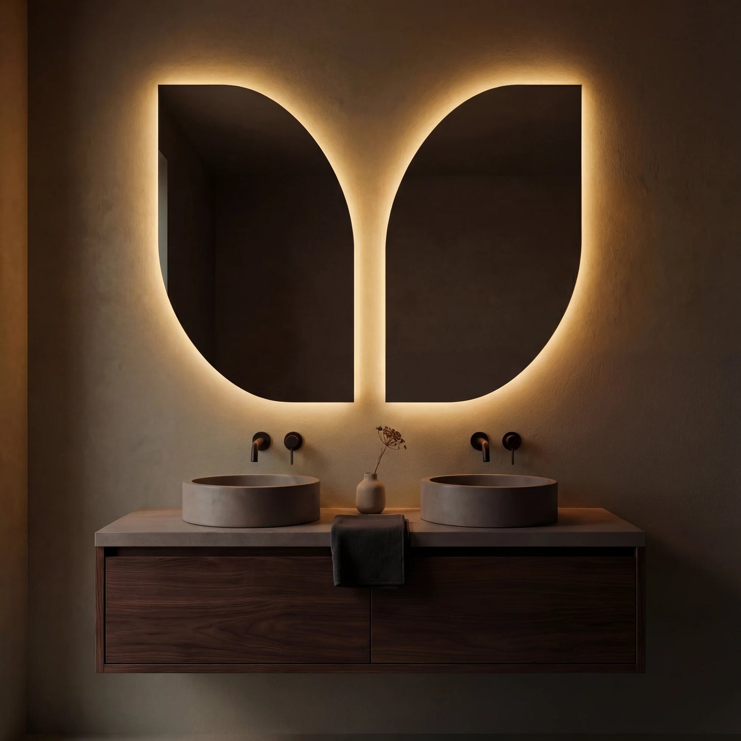 Claris BUTTERFLY asymmetric backlit LED bathroom mirror with single-wing form, Terra Collection