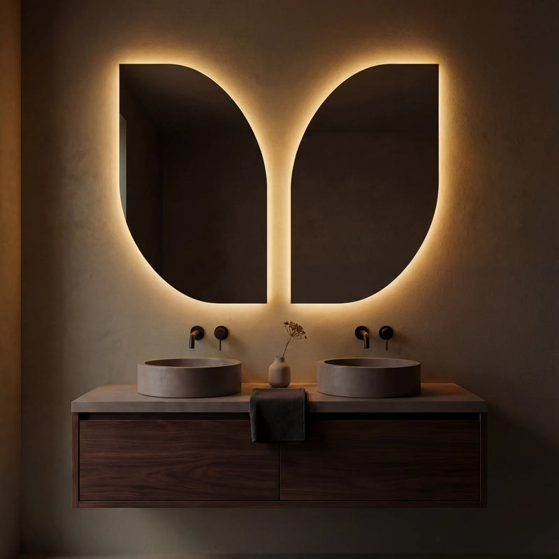 Claris BUTTERFLY asymmetric backlit LED bathroom mirror with single-wing form, Terra Collection