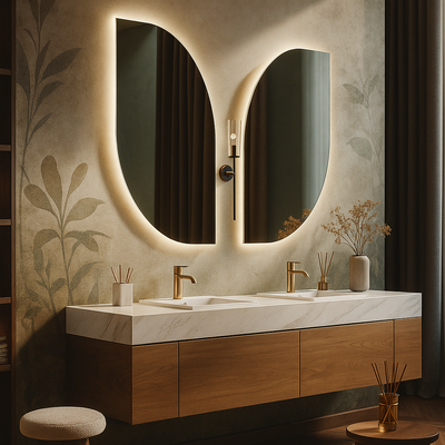 Bathroom vanity with double sink, illuminated mirrors, and decorative elements.