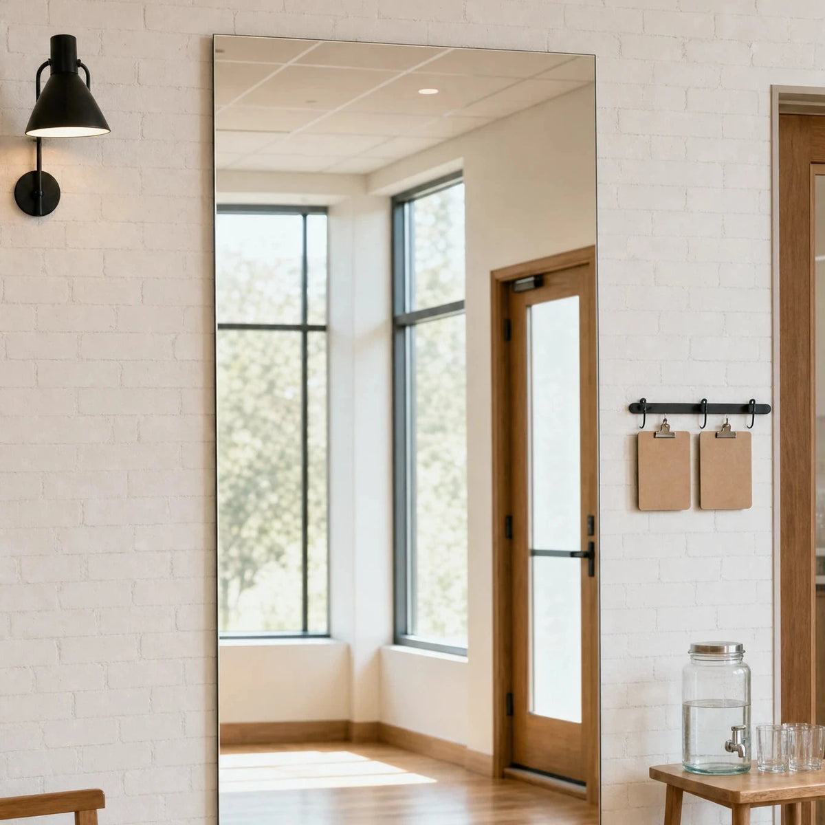 Claris CANZO STUDIO plain wall mirror in a medical office waiting area, Studio Line