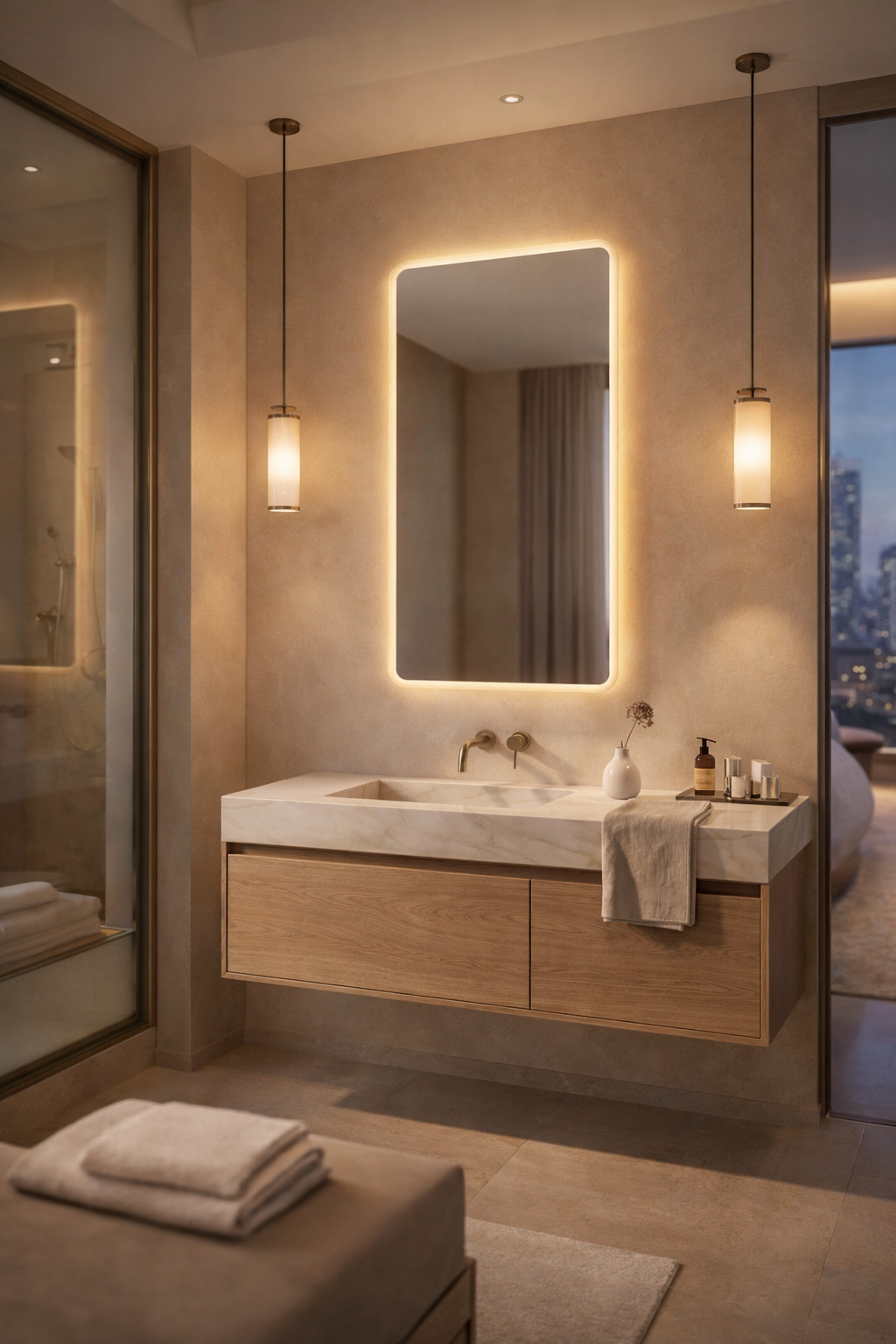 SOUL backlit LED mirror by Claris, installed in a hospitality washroom. Belgian glass, Ukrainian craftsmanship.