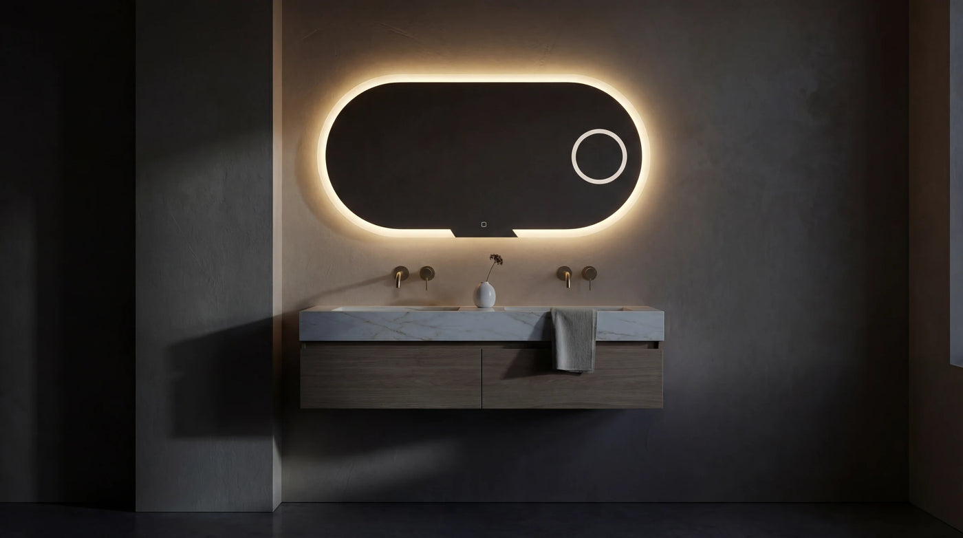 EVOLUTION LED mirror by Claris in a residential bathroom. Multi-touch sensor and dimmable LED.