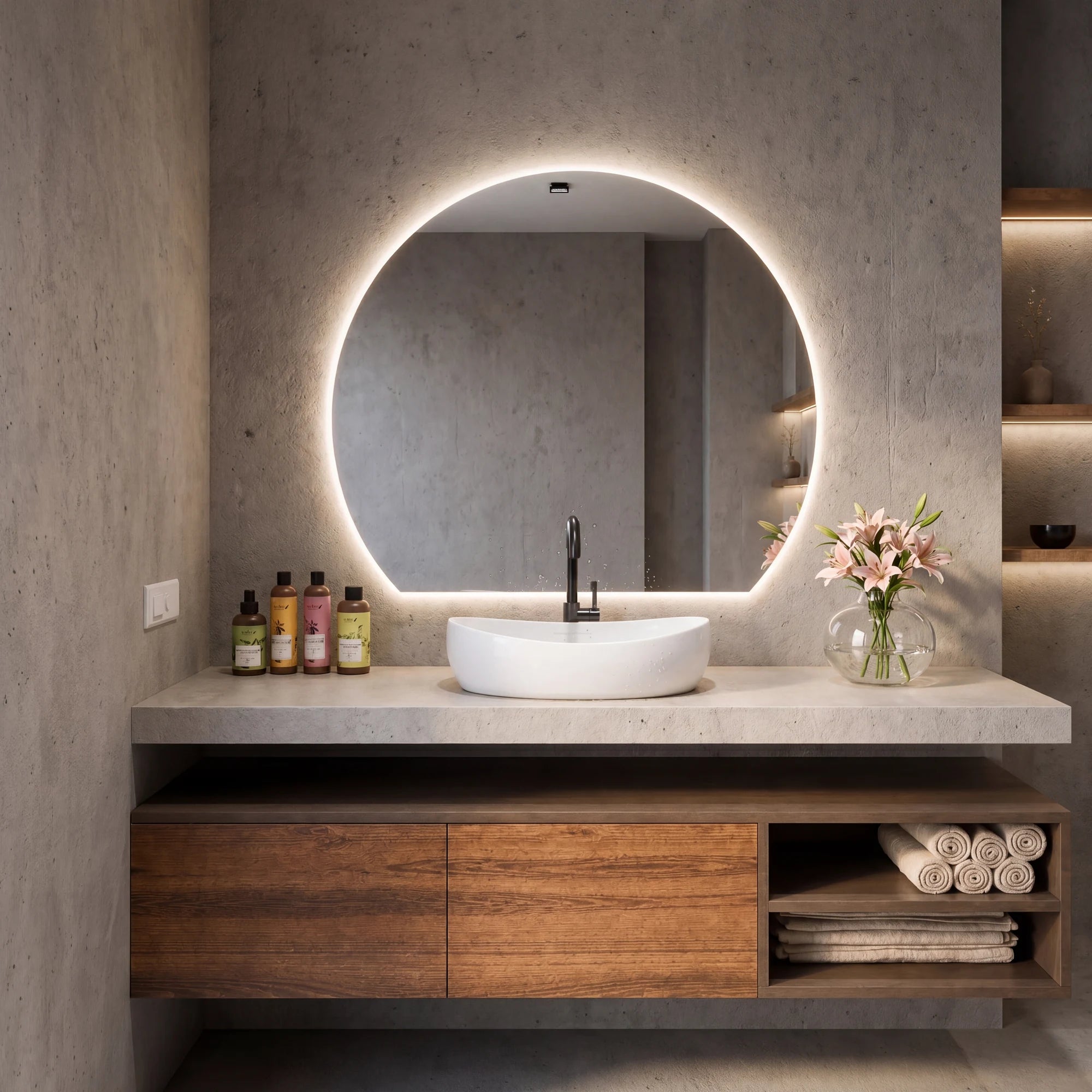 Claris COMO offset round backlit LED bathroom mirror in moon-phase silhouette, Terra Collection