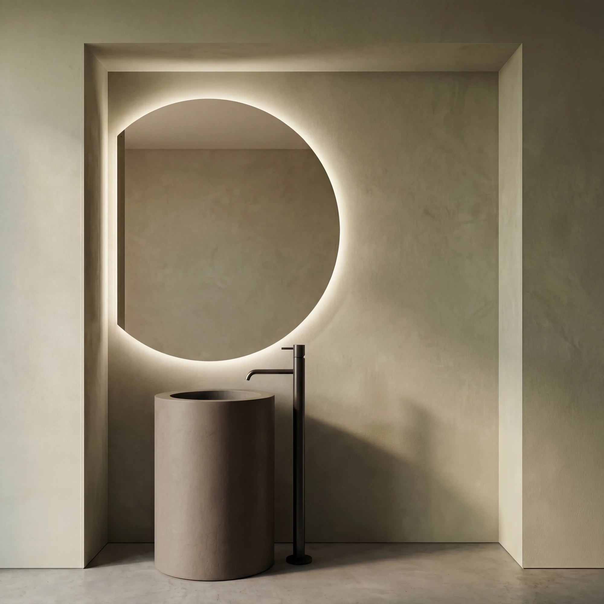 Claris COMO offset round backlit LED bathroom mirror in moon-phase silhouette, Terra Collection