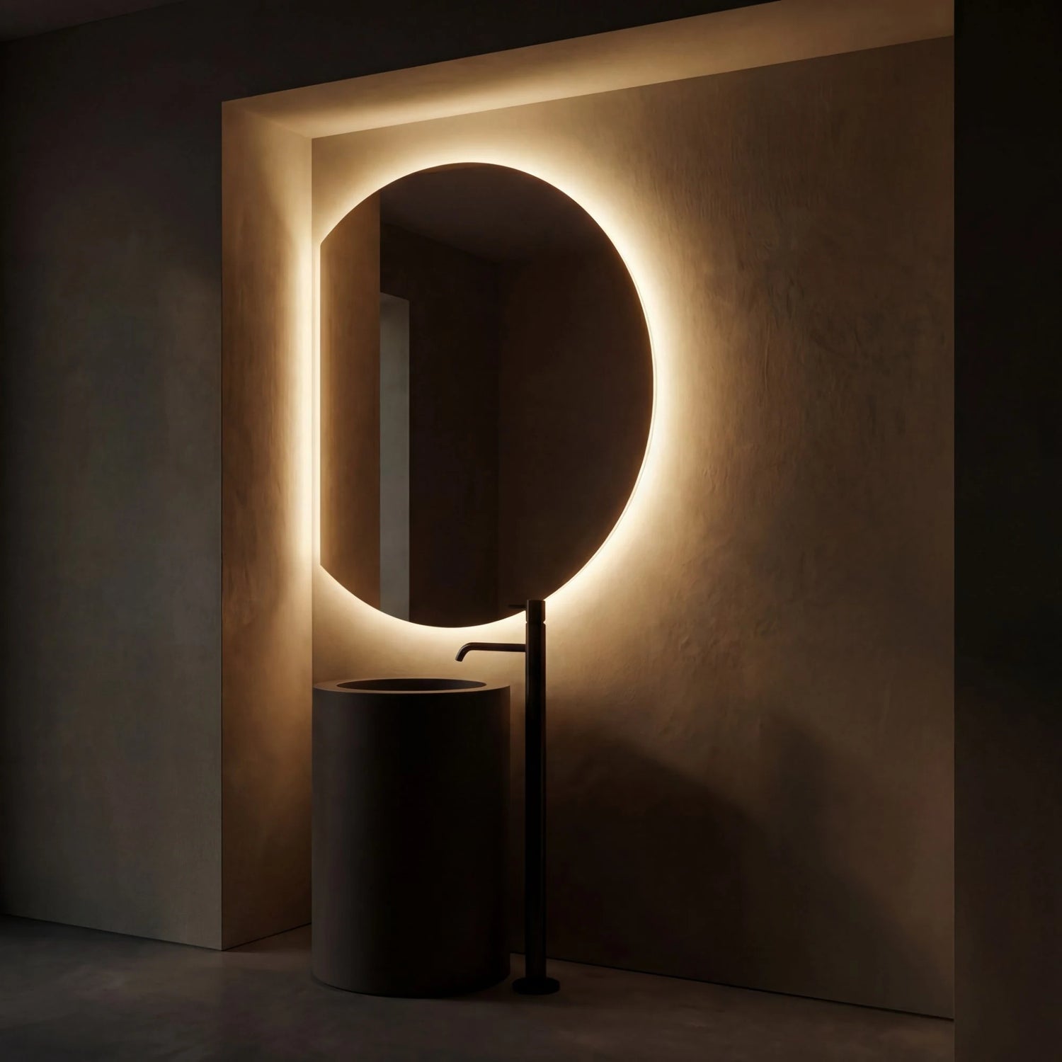 Claris COMO offset round backlit LED bathroom mirror in moon-phase silhouette, Terra Collection