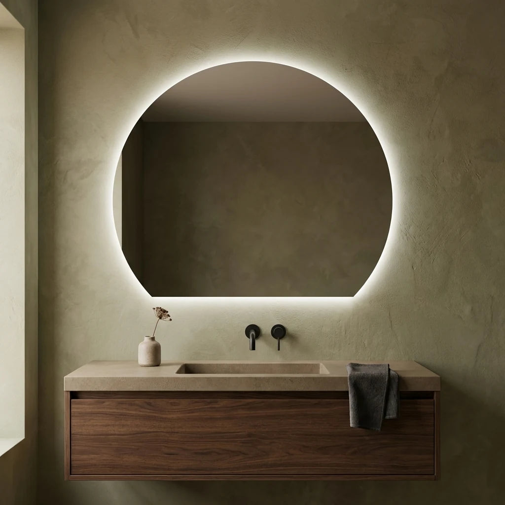 Claris COMO offset round backlit LED bathroom mirror in moon-phase silhouette, Terra Collection