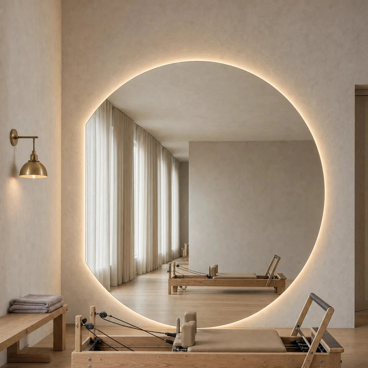Claris COMO STUDIO colossal offset round backlit mirror standing against the wall of a pilates studio, Studio Line