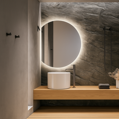 Modern bathroom with a round illuminated mirror, sink, and shower area.
