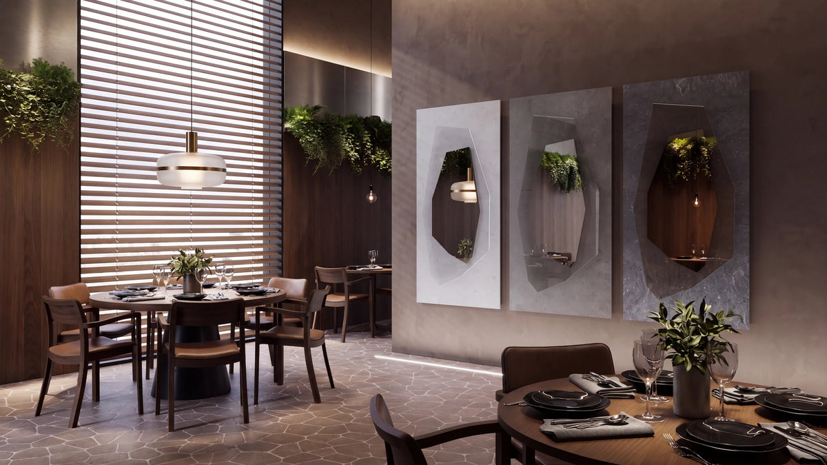 CORE vertical LED-frame rectangle mirrors by Serhii Gotvyansky, multi-piece set. Claris Company.