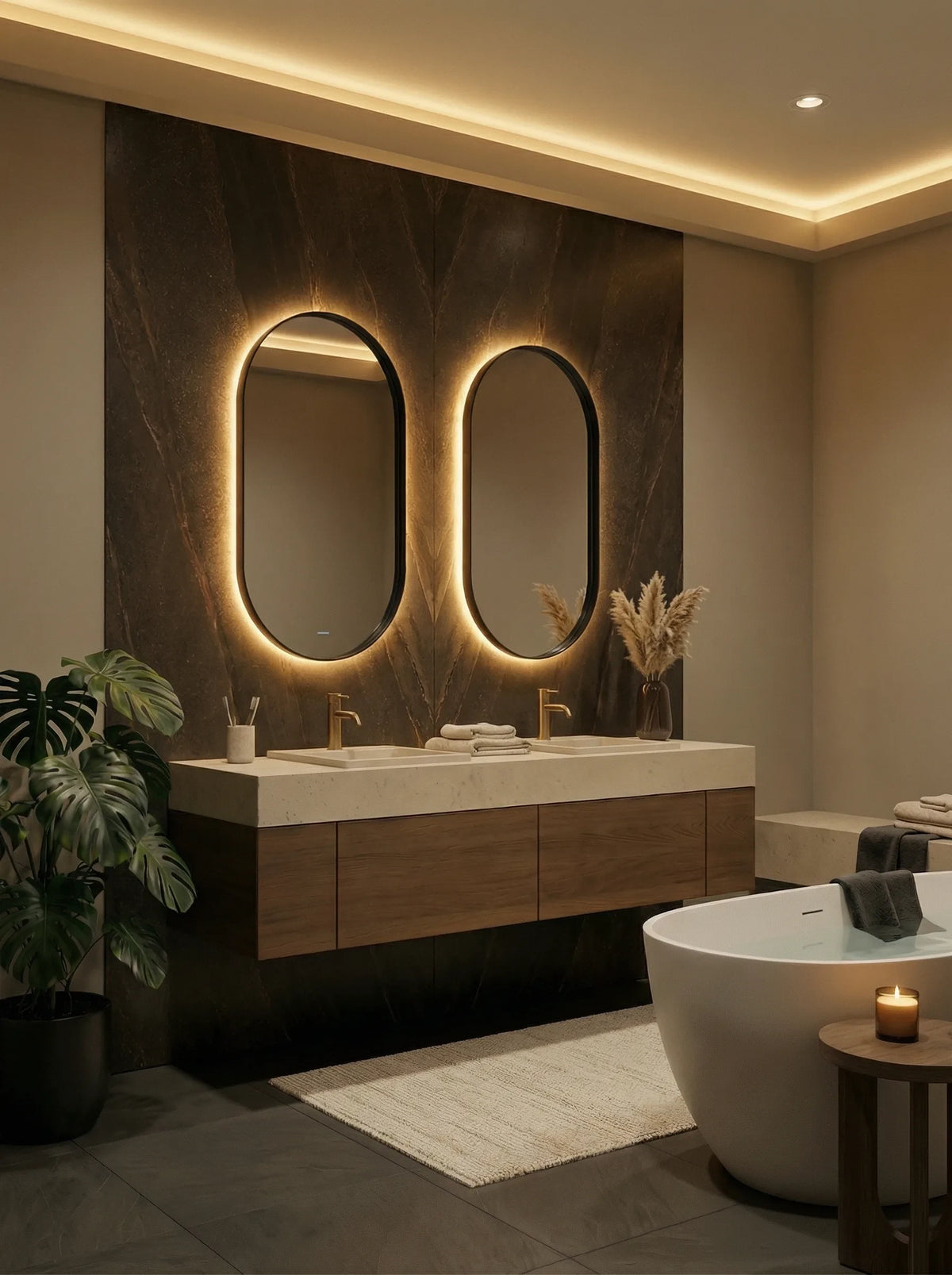 DIANO mirror in a bathroom, portrait view, Elegance Collection. Claris Company.