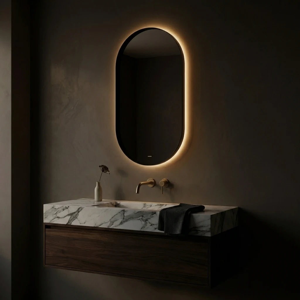 DIANO mirror in a bathroom, Elegance Collection. Claris Company.