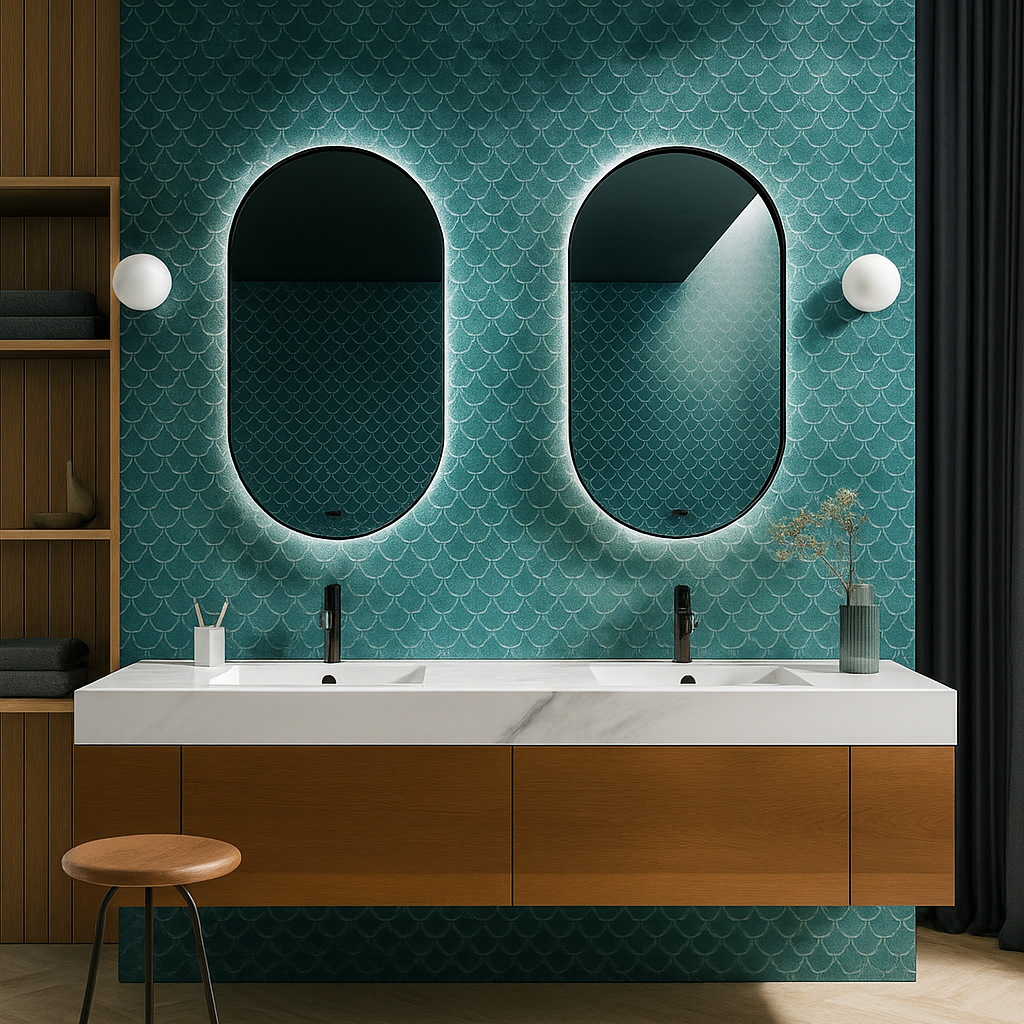 Modern bathroom with teal patterned wall, double sink vanity, and wooden stool.