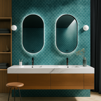Modern bathroom with teal patterned wall, double sink vanity, and wooden stool.