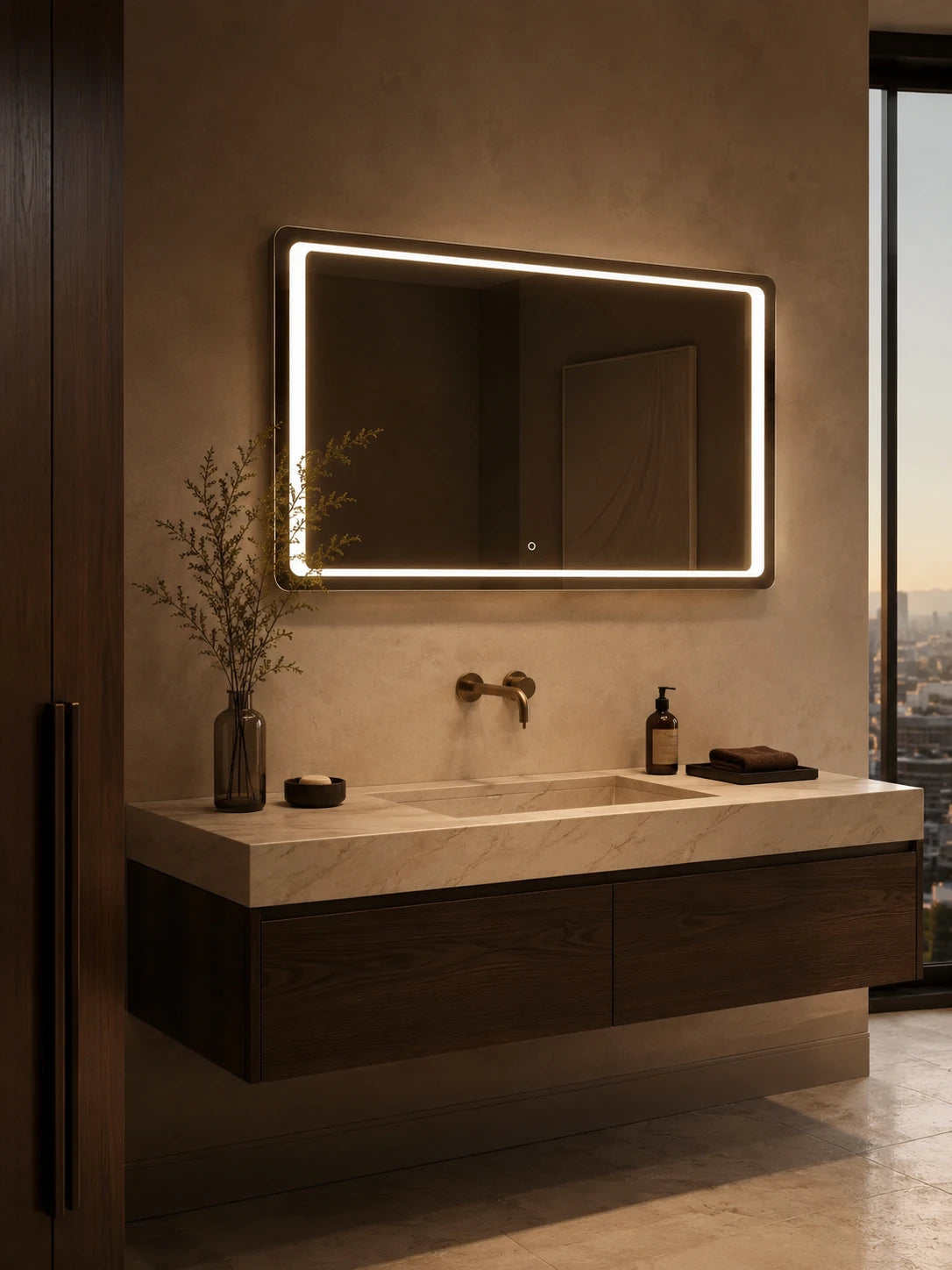 DIMO mirror in a bathroom, portrait view, Radiance Collection. Claris Company.