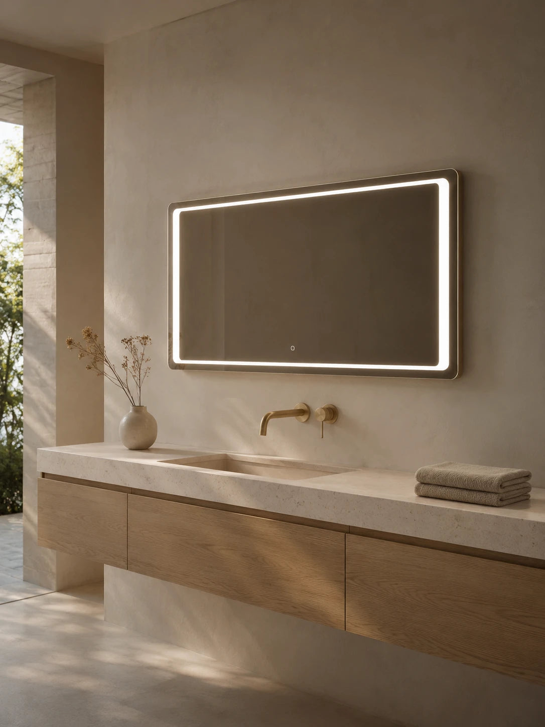 DIMO mirror in a bathroom, portrait view, Radiance Collection. Claris Company.