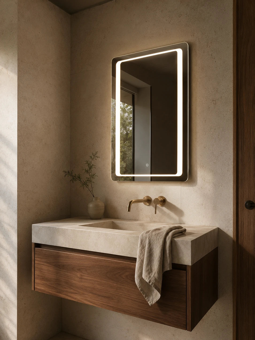 DIMO mirror in a bathroom, portrait view, Radiance Collection. Claris Company.