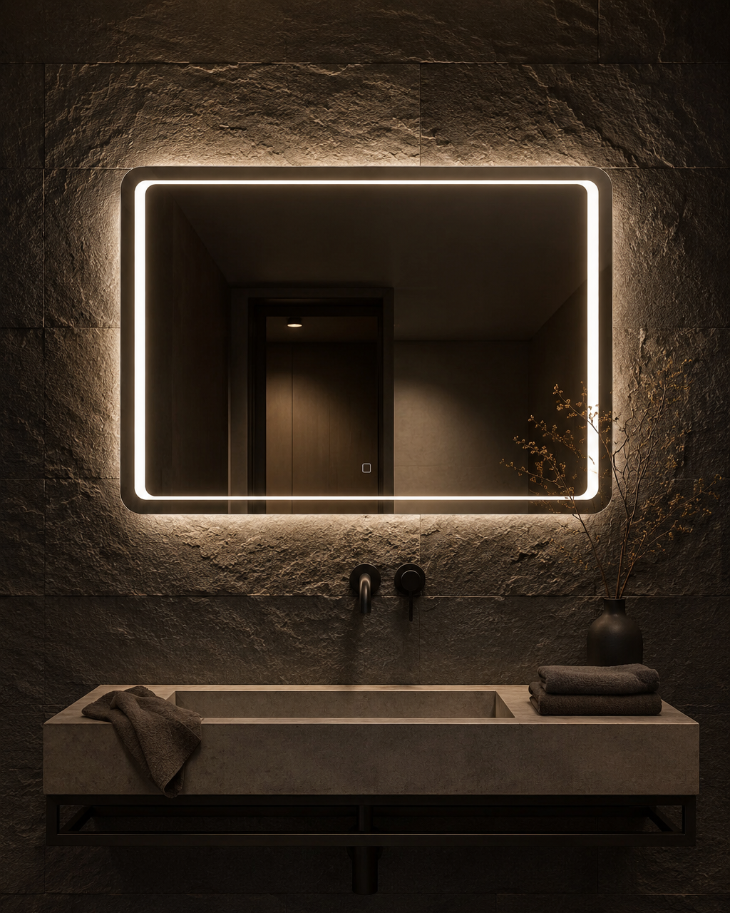 Claris DIMO LED mirror, slate bathroom, evening, Radiance Collection