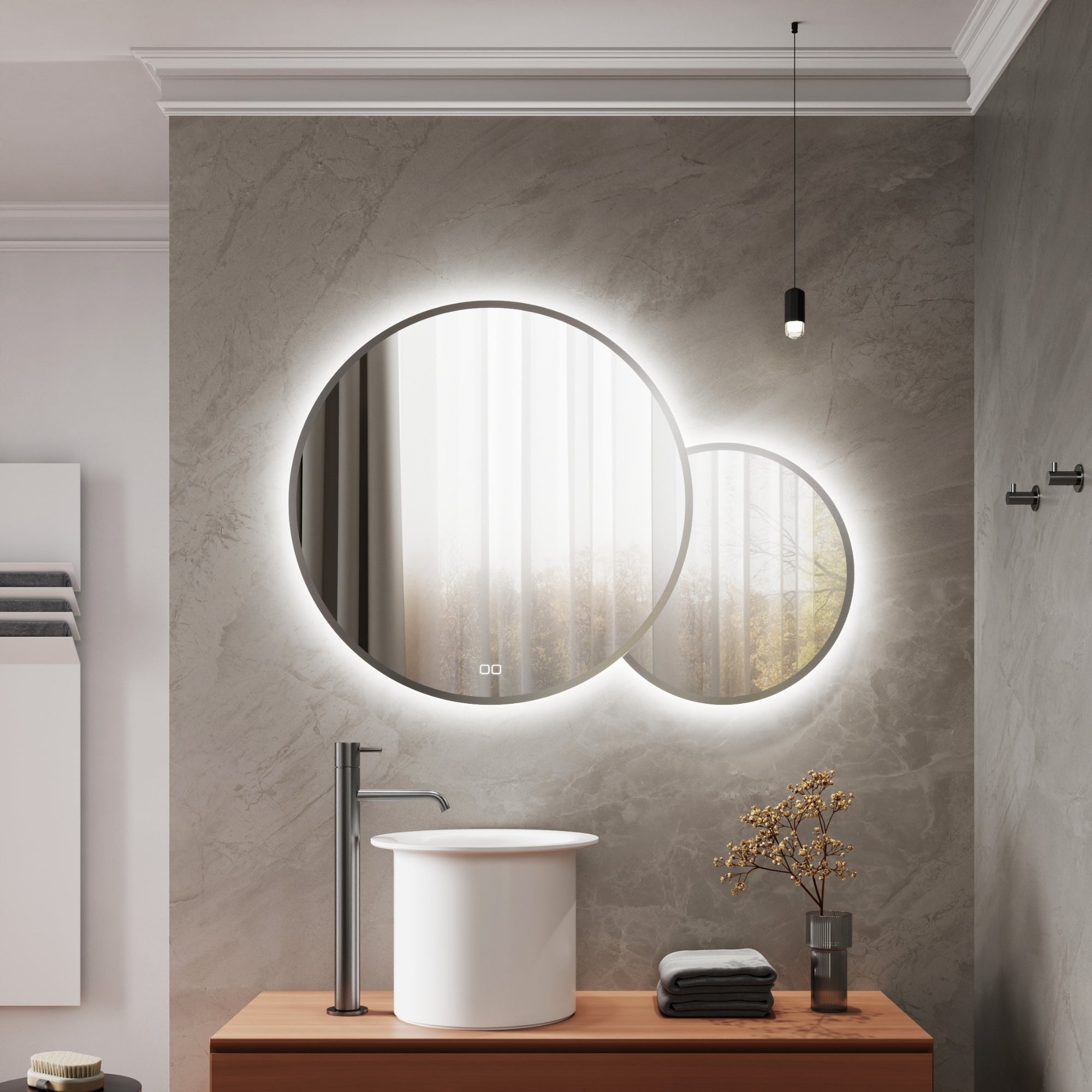 Elegant DUO R mirror with adjustable dimmer for customizable lighting
