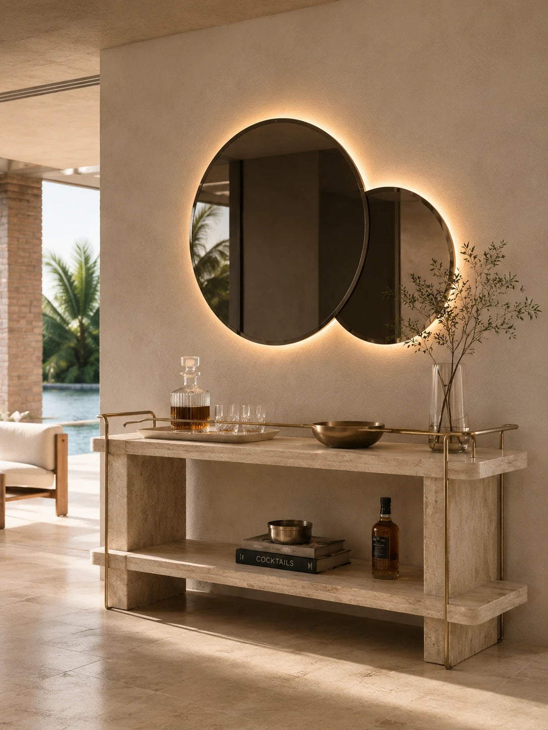 DUO R mirror in a bathroom, portrait view, Elegance Collection. Claris Company.