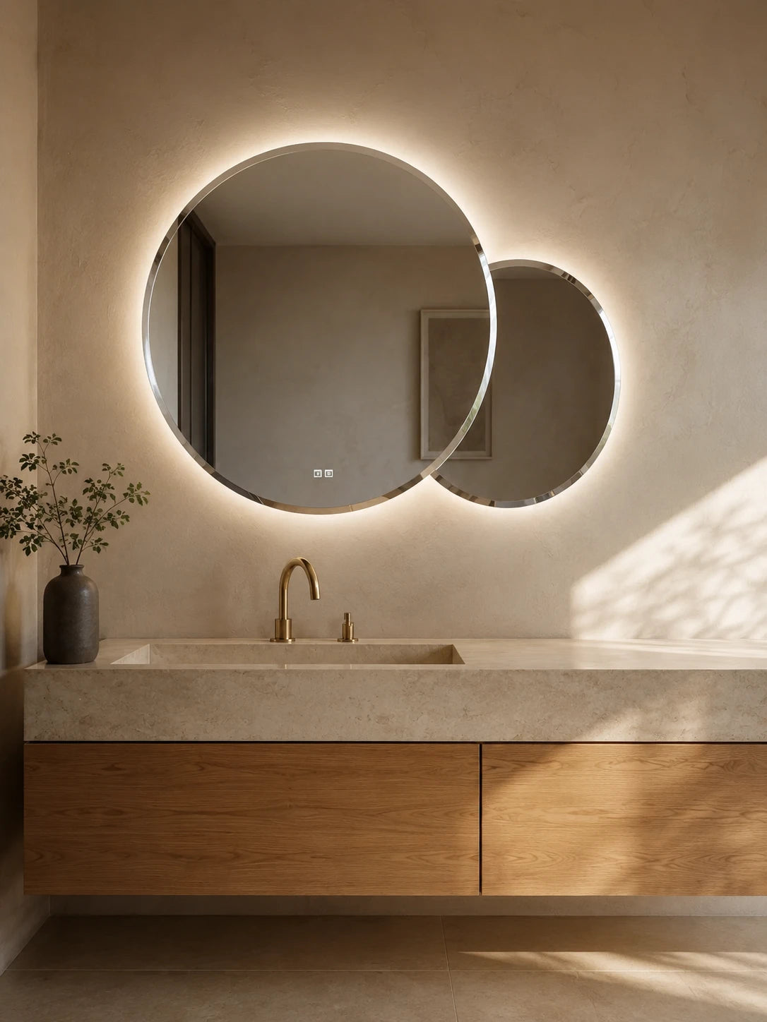 DUO R mirror in a bathroom, portrait view, Elegance Collection. Claris Company.