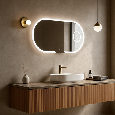 Bathroom vanity with illuminated mirror and wooden cabinet.
