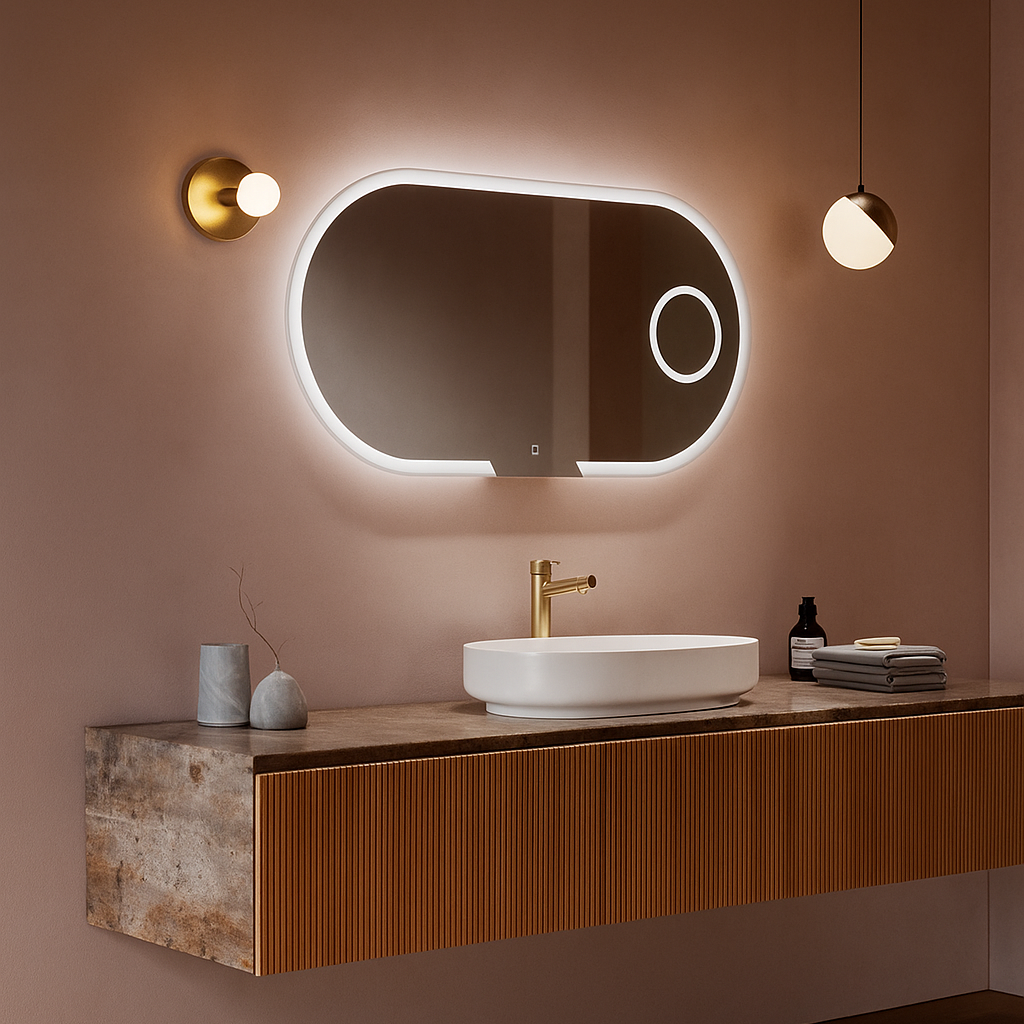 Bathroom vanity with illuminated mirror and lighting fixtures on a pink wall.