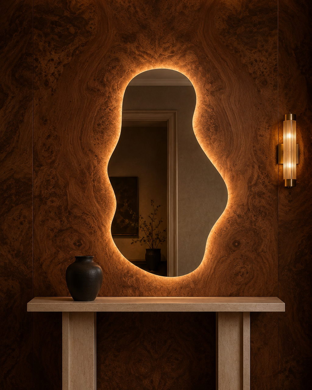 Claris EMIRA mirror, burl walnut foyer, evening, Art Collection