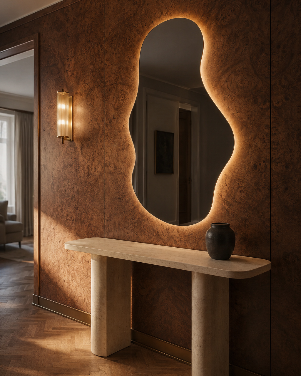 Claris EMIRA mirror, burl walnut foyer, late afternoon, Art Collection