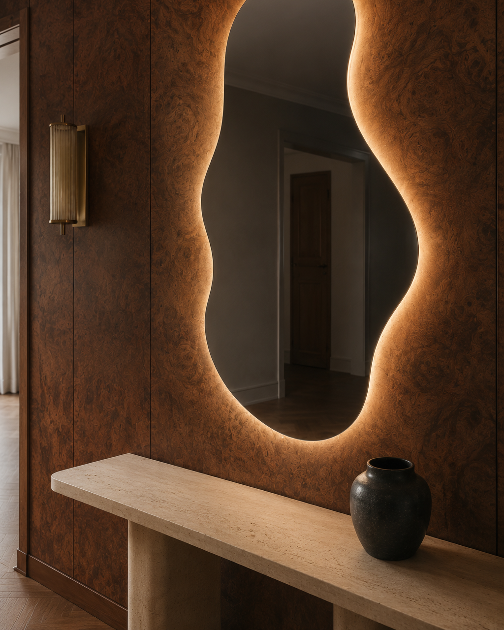 Claris EMIRA mirror, burl walnut foyer, morning detail, Art Collection