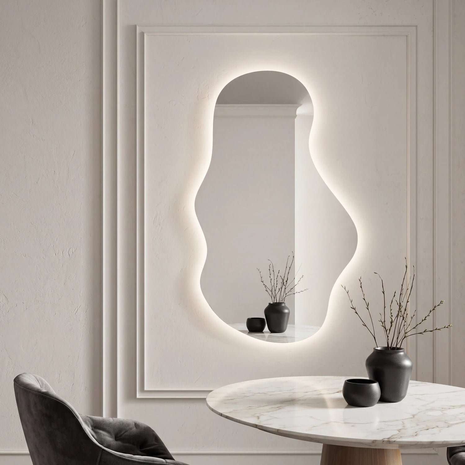 Claris EMIRA free-flowing organic backlit LED mirror in a home-living interior, Terra Collection