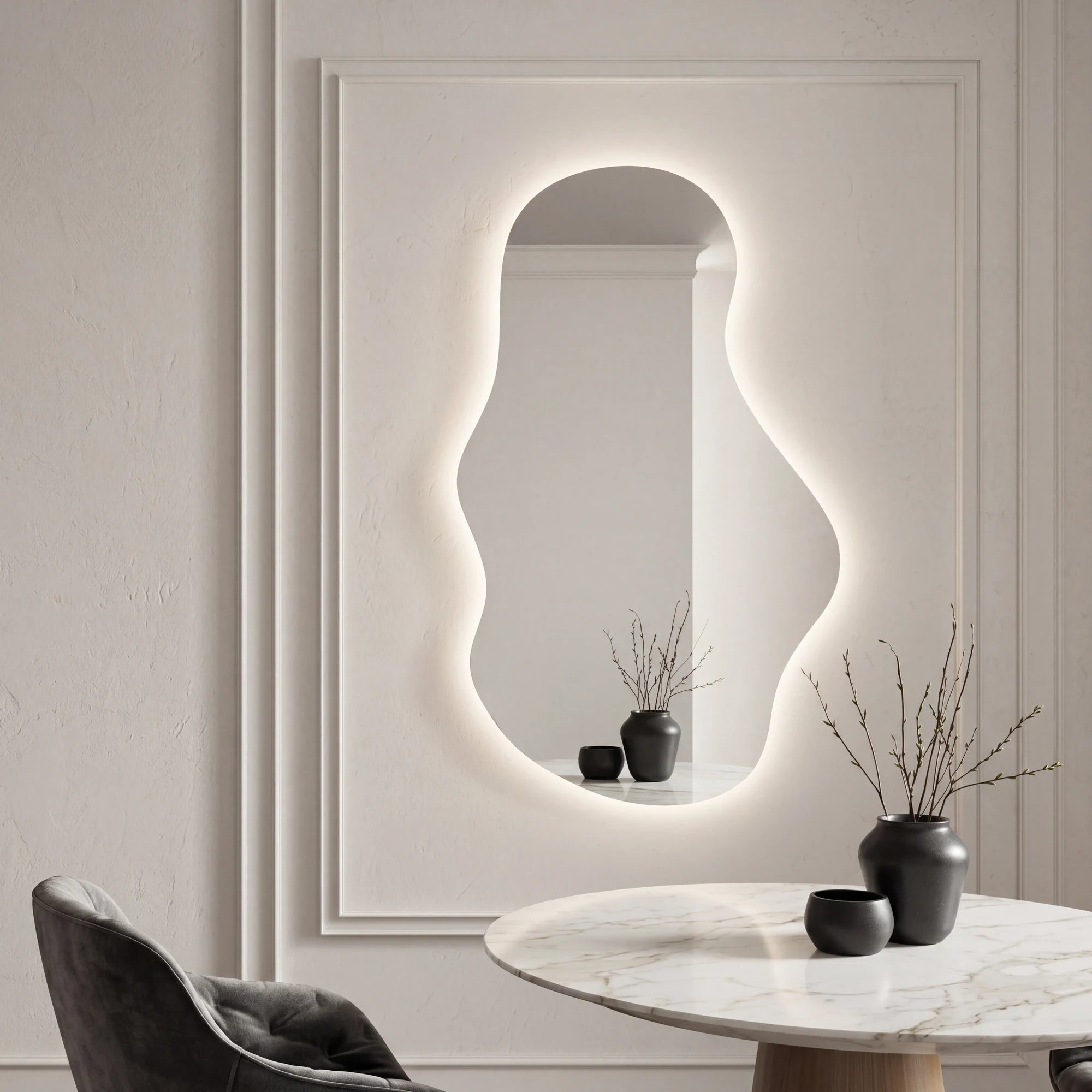 Claris EMIRA free-flowing organic backlit LED mirror in a home-living interior, Terra Collection