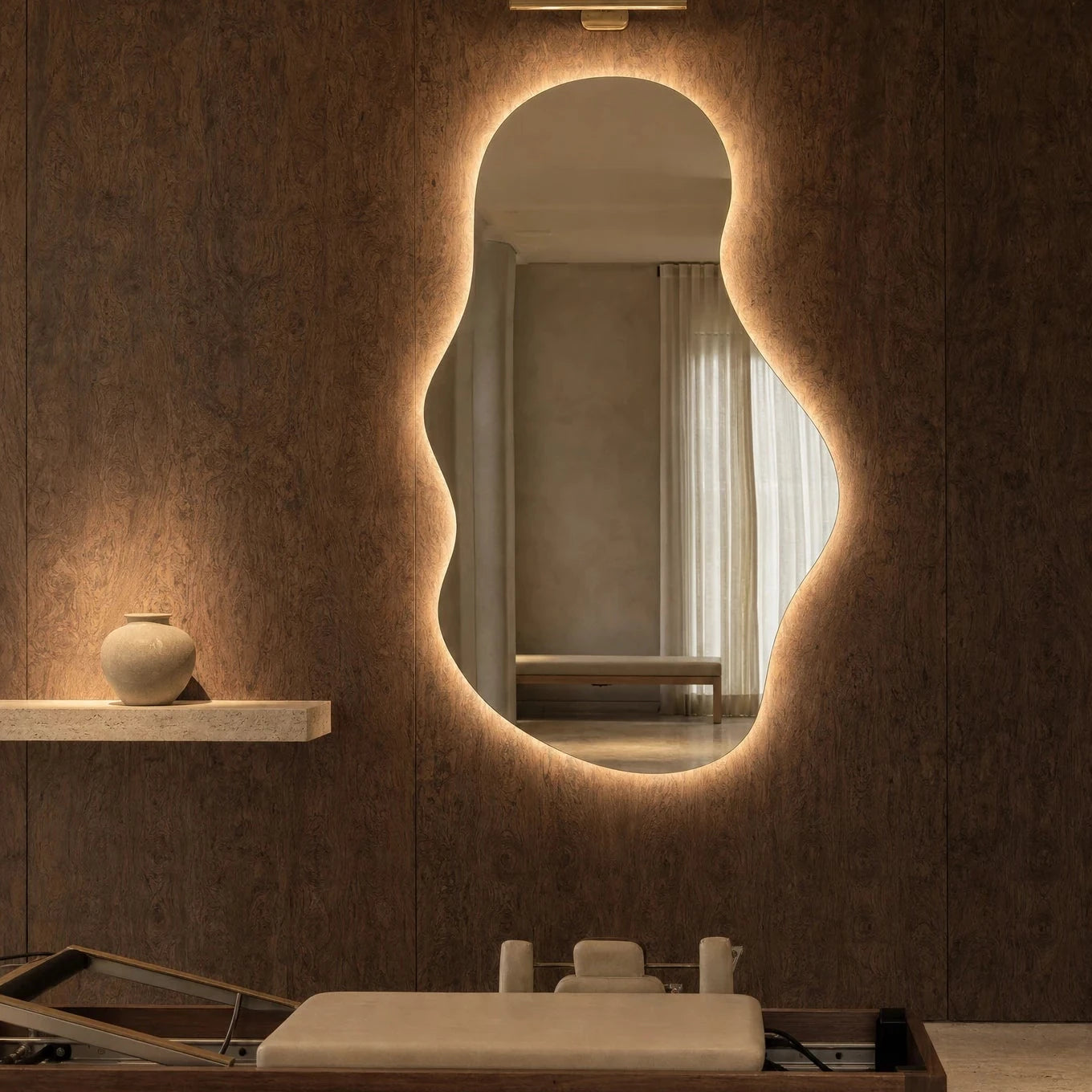 Claris EMIRA STUDIO organic backlit mirror in a boutique pilates studio, Studio Line
