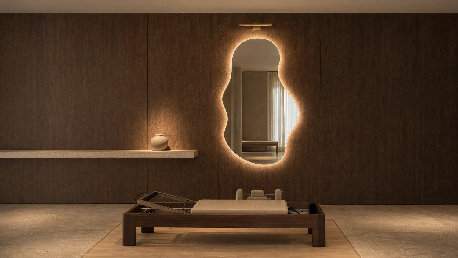 Claris EMIRA STUDIO backlit mirror in a wellness interior, wide view, Studio Line