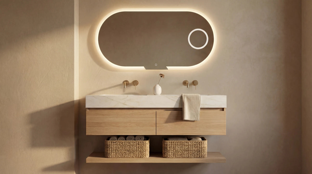 EVOLUTION round mirror with sun-burst LED radial pattern, dark moody bath with walnut vanity. Claris Company.