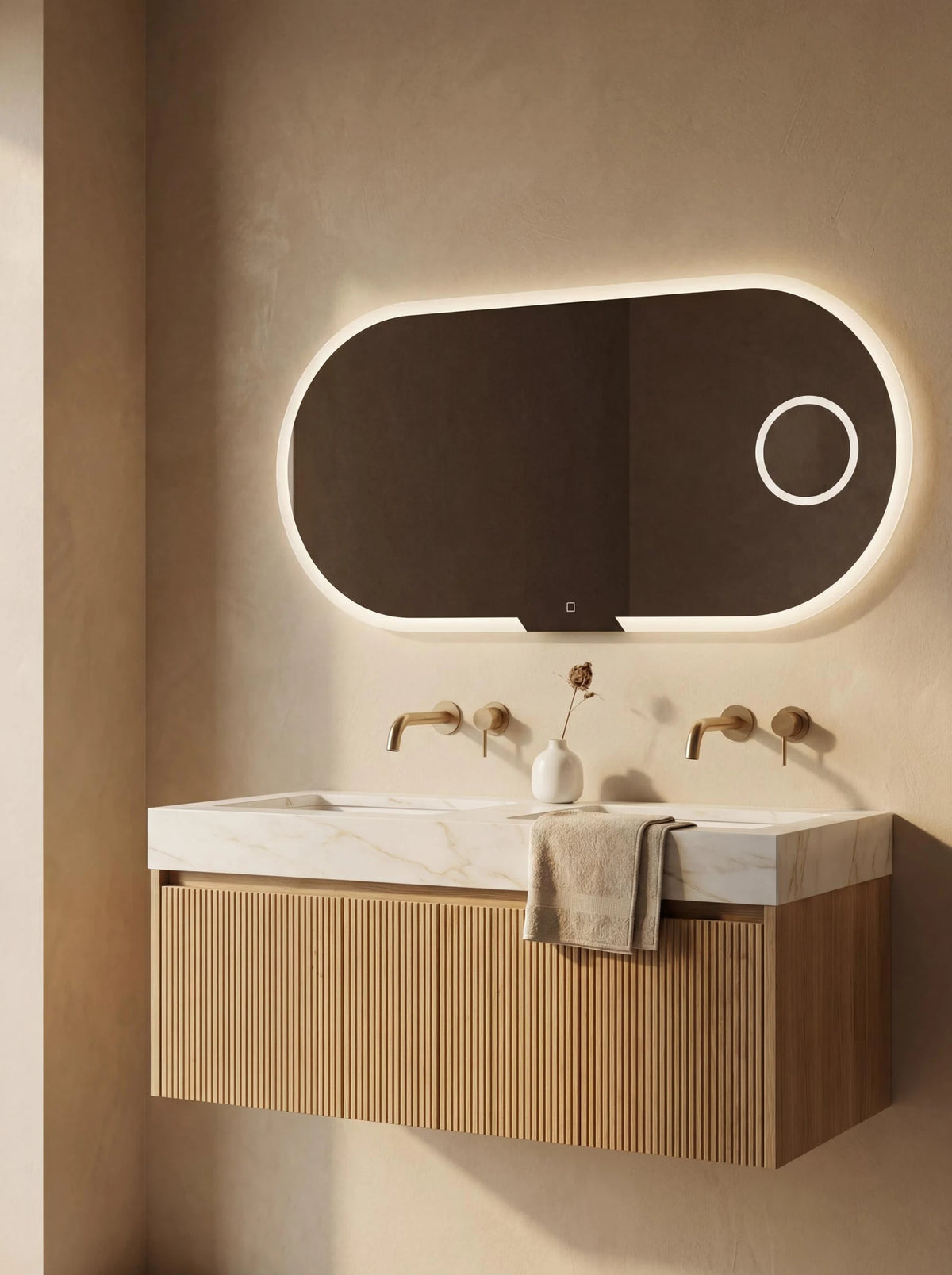 EVOLUTION mirror in a bathroom, portrait view, Radiance Collection. Claris Company.