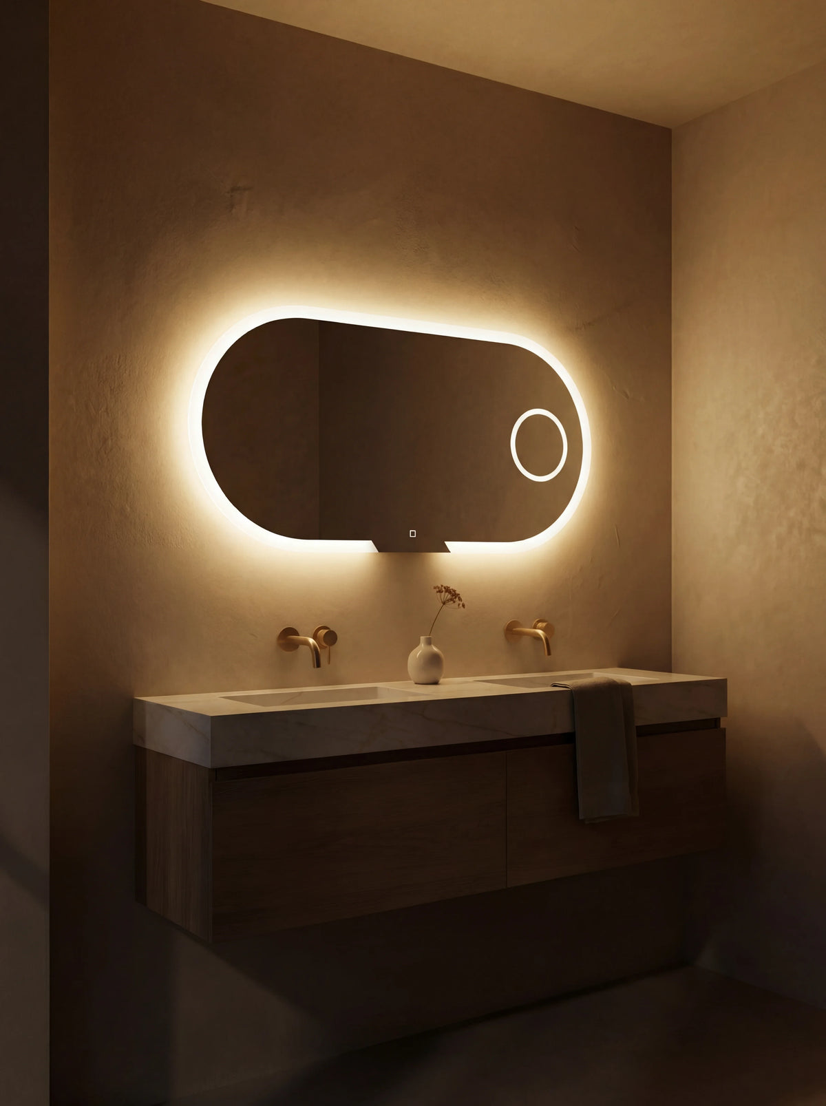 EVOLUTION mirror in a bathroom, portrait view, Radiance Collection. Claris Company.