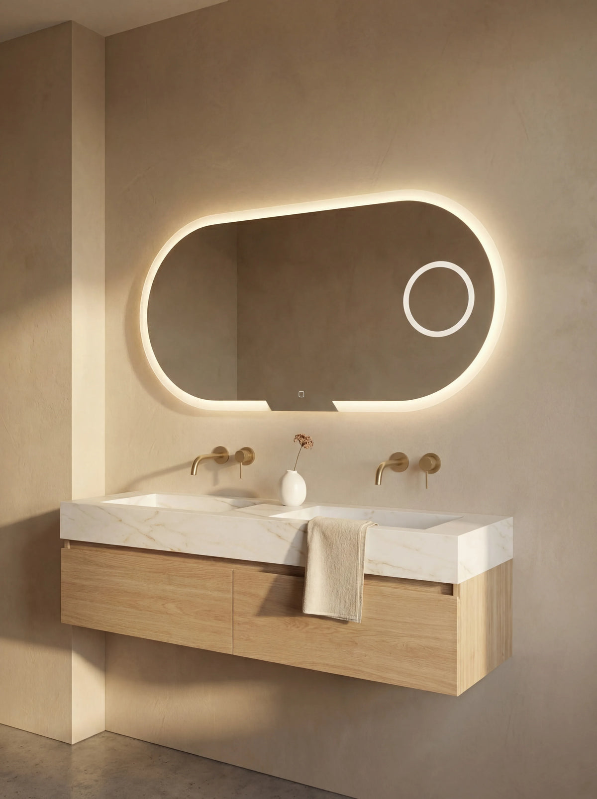 EVOLUTION mirror in a bathroom, portrait view, Radiance Collection. Claris Company.